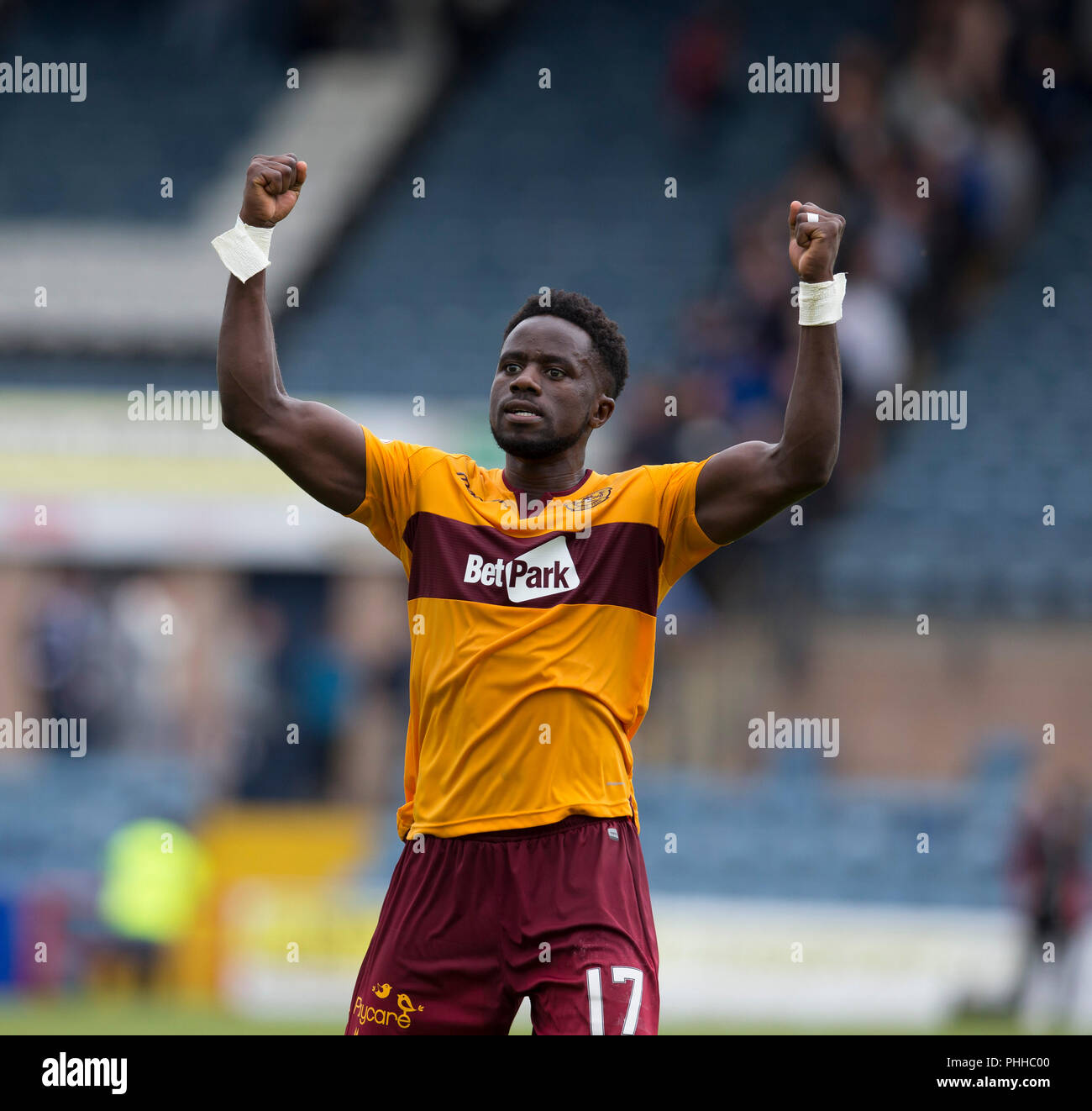 Dens Park, Dundee, Regno Unito. 1 Sep, 2018. Ladbrokes Premiership, Dundee rispetto a Motherwell; Gael Bigirimana di Motherwell alla fine credito: Azione Sport Plus/Alamy Live News Foto Stock