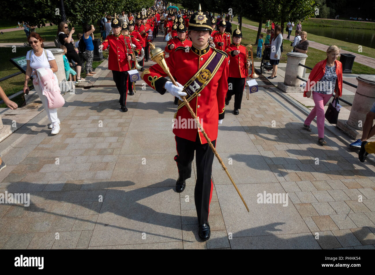Mosca, Russia. 1 settembre 2018. Membri della Brentwood Imperial banda di giovani che partecipano al 2018 Spasskaya torre militare internazionale Festival di musica, eseguire presso il parco Kuskovo a Mosca Credito: Nikolay Vinokurov/Alamy Live News Foto Stock