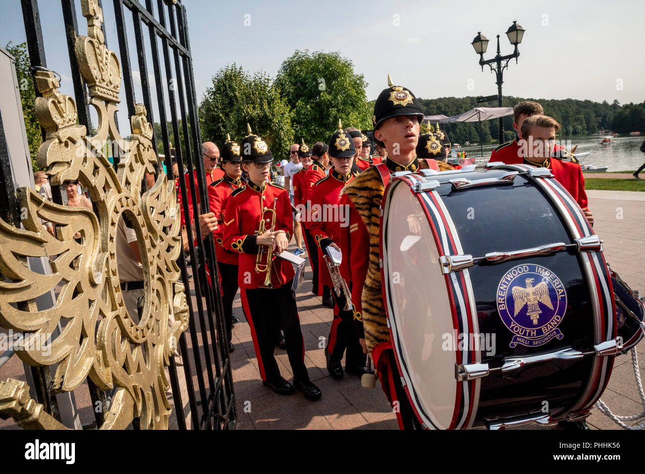 Mosca, Russia. 1 settembre 2018. Membri della Brentwood Imperial banda di giovani che partecipano al 2018 Spasskaya torre militare internazionale Festival di musica, eseguire presso il parco Kuskovo a Mosca Credito: Nikolay Vinokurov/Alamy Live News Foto Stock