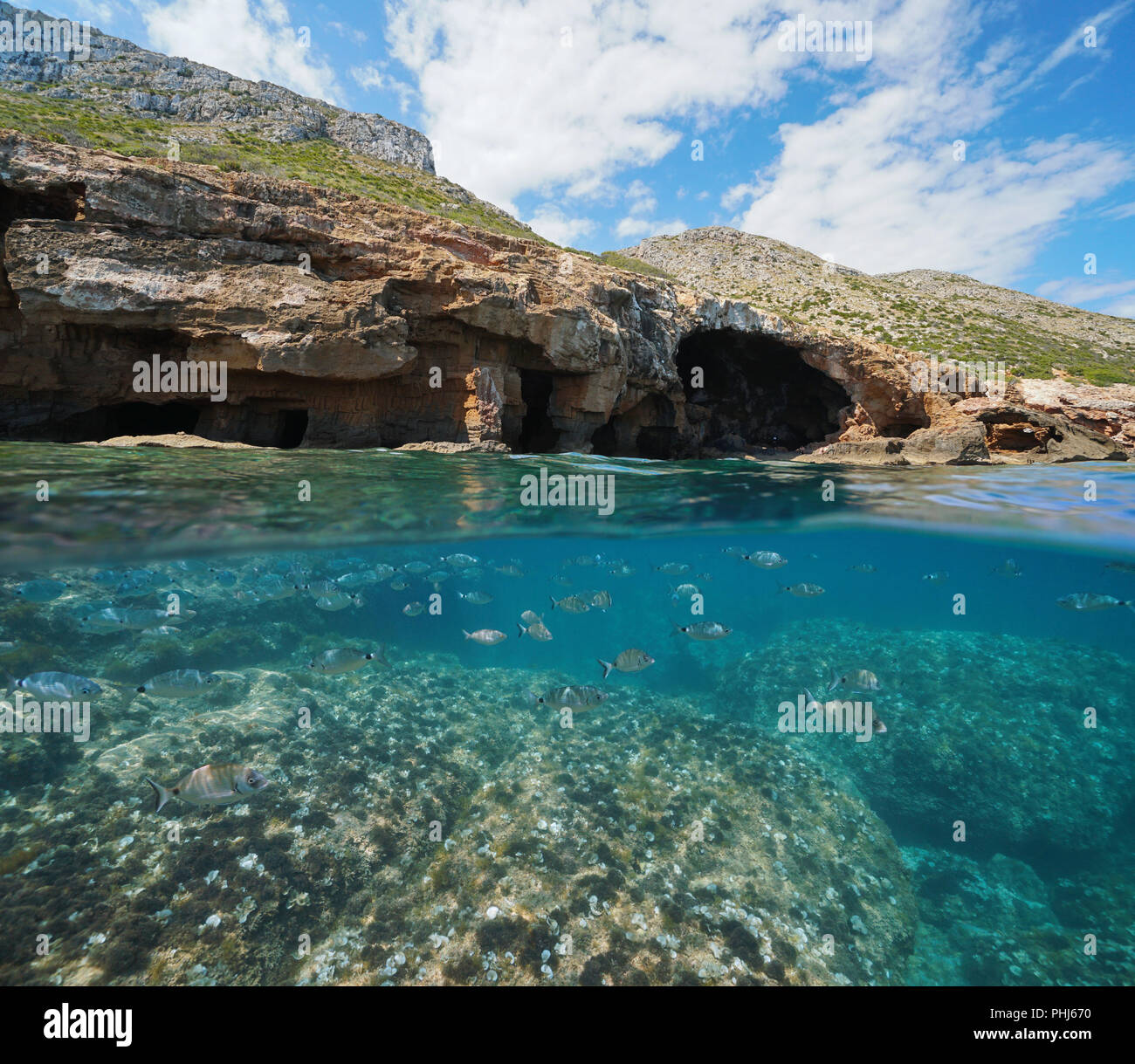 Grande caverna sulla costa con rocce e secca di pesce subacquea, vista suddivisa al di sopra e al di sotto della superficie dell'acqua, mare Mediterraneo, Costa Blanca, Spagna Foto Stock
