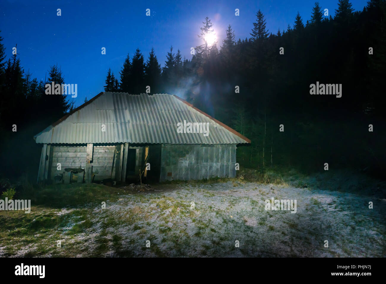 Vecchia casa nel bosco di notte Foto Stock