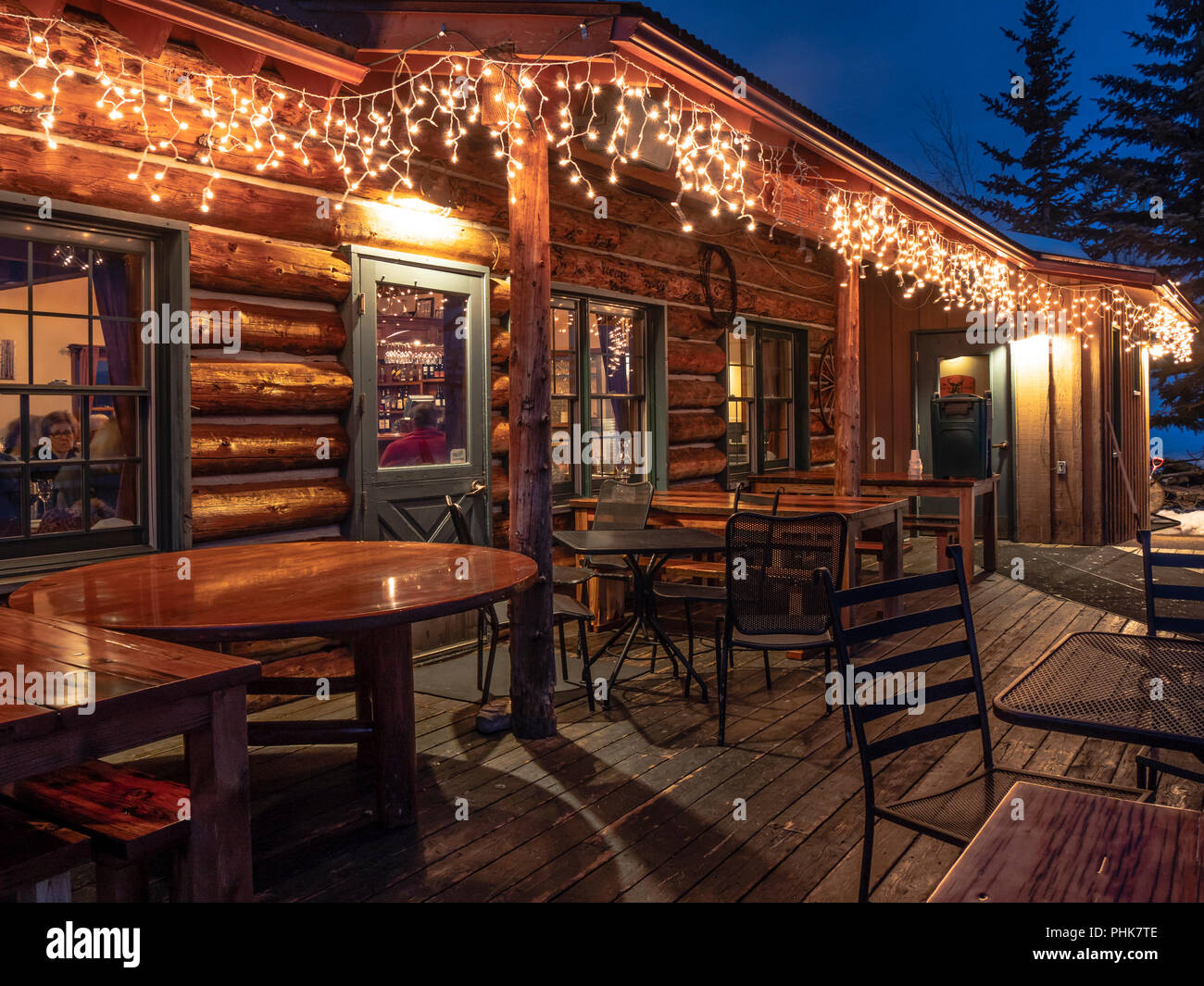 Lynn Britt cabina al crepuscolo, Snowmass Ski Resort, Snowmass Village, Colorado. Foto Stock