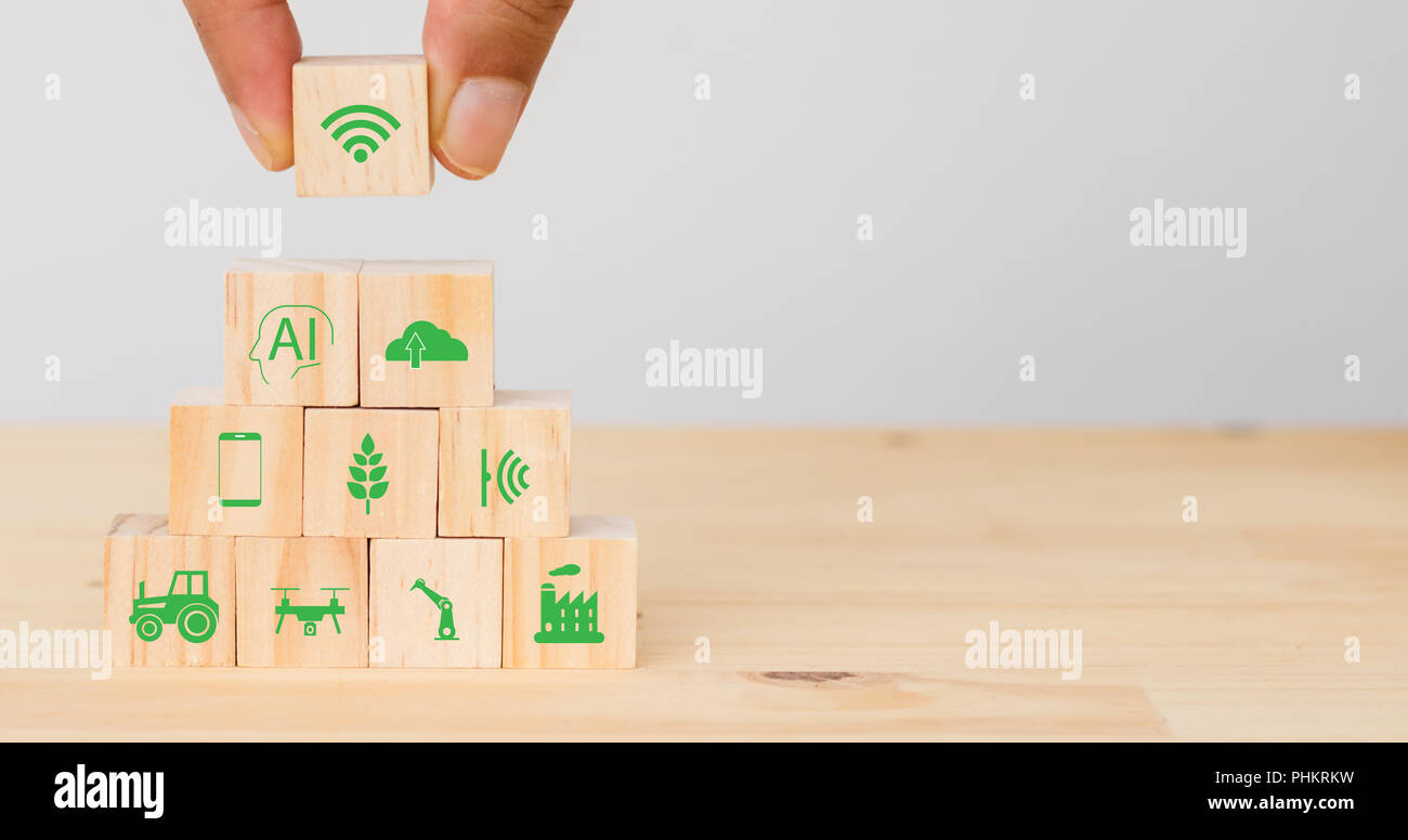 Smart farm o agricoltura tecnologia futuristico concetto, man mano messo l'icona connect, icona inclusa wireless wifi, IA o intelligenza artificiale, c Foto Stock