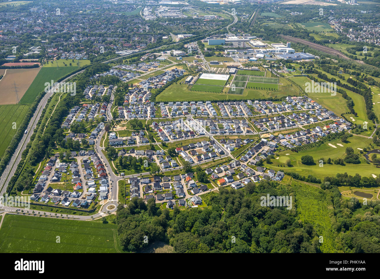 Vista aerea, zona residenziale Hohenbuschey di DSW21 Dortmund, Hohenbuschey GMBH, singolo case famiglia, che vivono presso il campo da golf, ex caserme, Dor Foto Stock