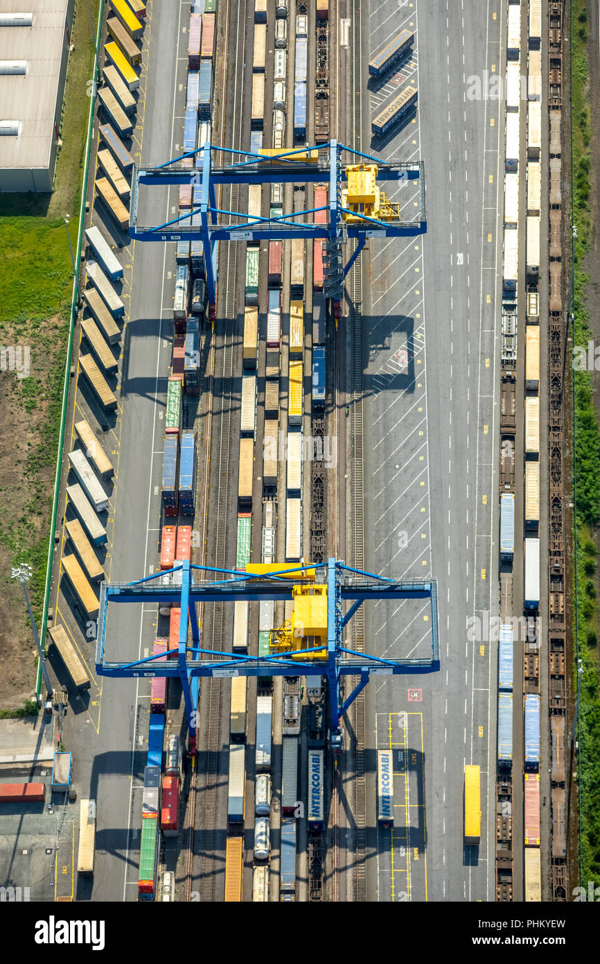 Vista aerea, porto di Duisburg, Logport 3 posizione logistica sul Reno vicino Hohenbudberg, Duisburg Huckingen, collegamento ferroviario e contenitore loadi Foto Stock