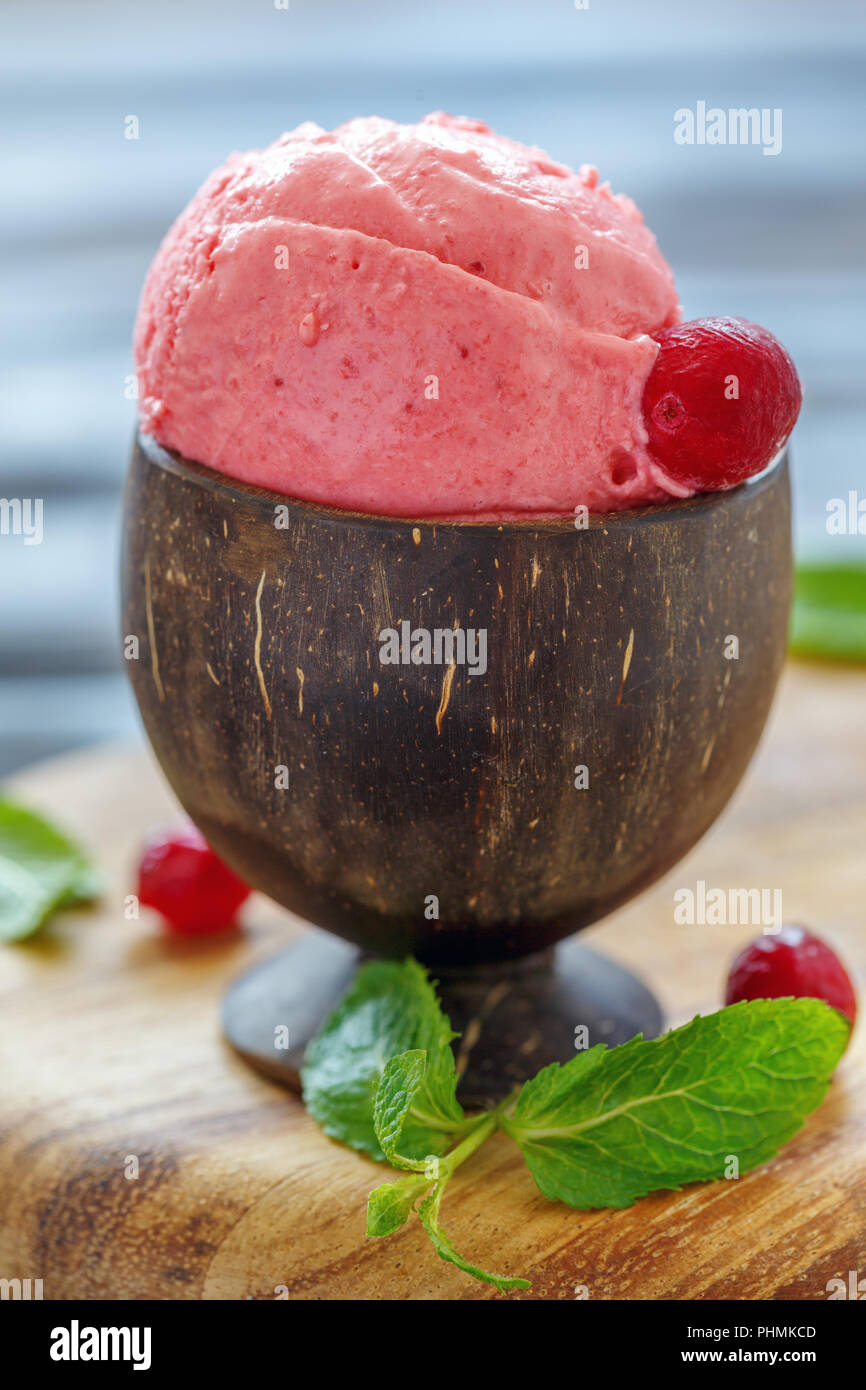 In casa di mirtillo palustre di gelato in coppa di legno. Foto Stock