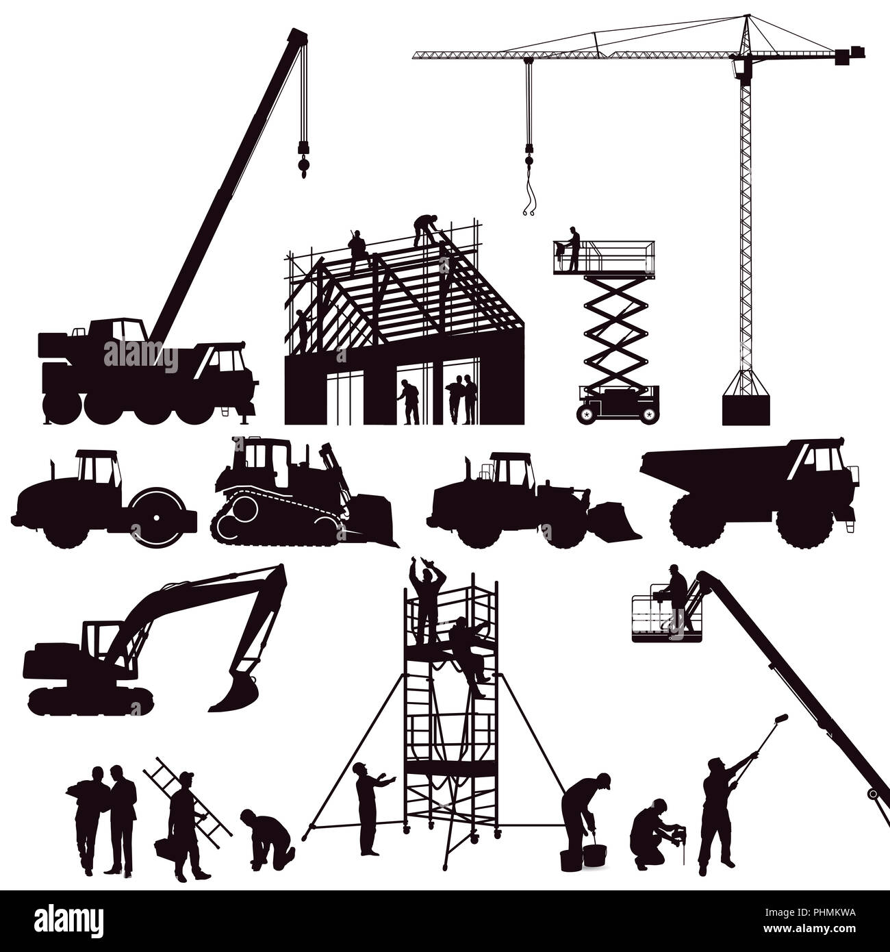 Escavatore e gru, caricatore su ruote sul sito in costruzione Foto Stock