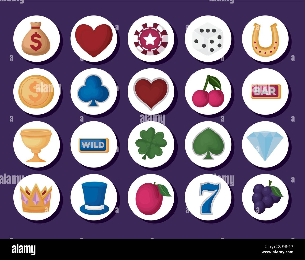 La icona di casinò impostato su cerchi bianchi e sfondo viola, design colorato. illustrazione vettoriale Illustrazione Vettoriale