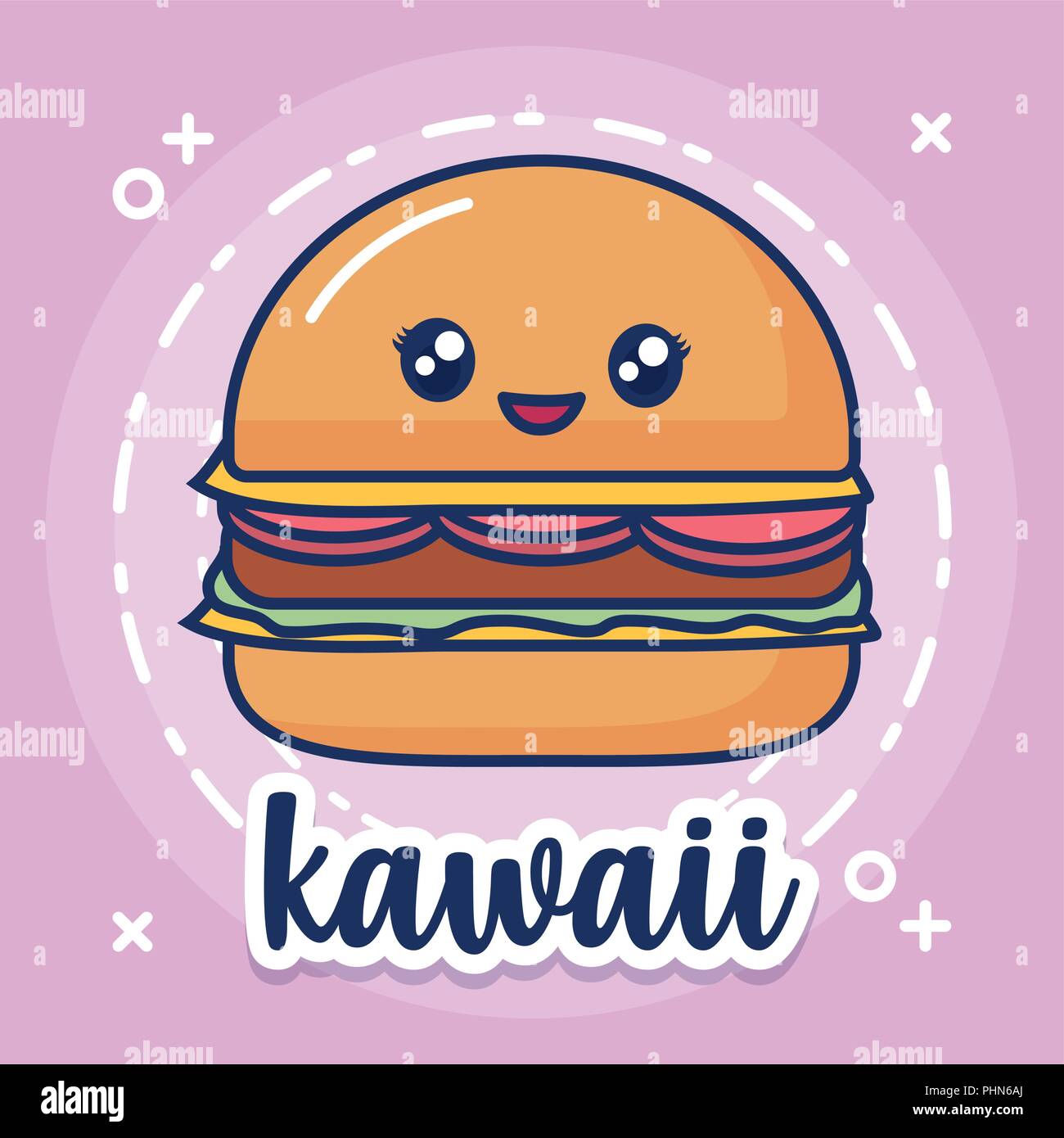 Kawaii hamburger icona sopra lo sfondo viola, design colorato. illustrazione vettoriale Illustrazione Vettoriale
