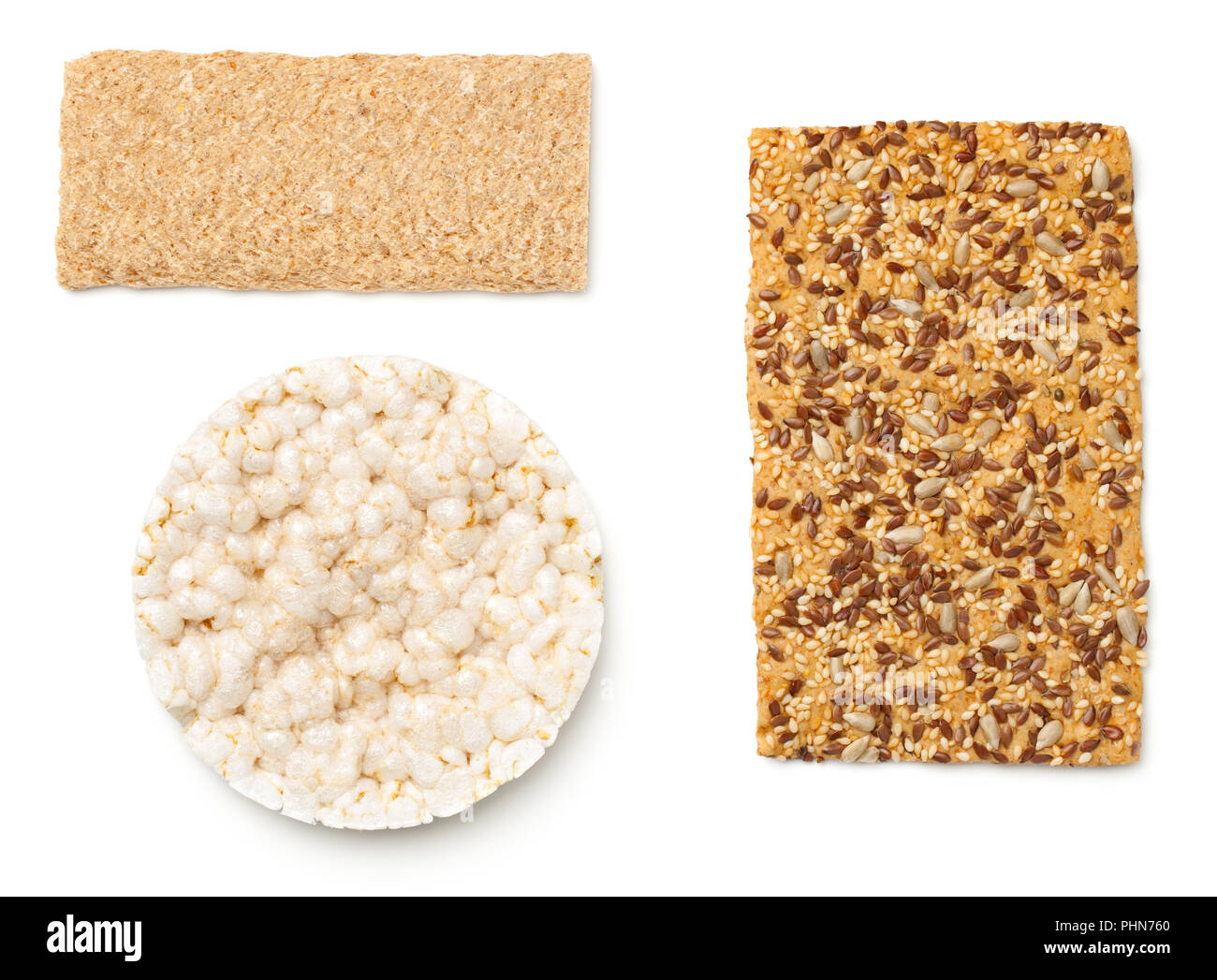 Set di pani croccanti isolati su sfondo bianco Foto Stock