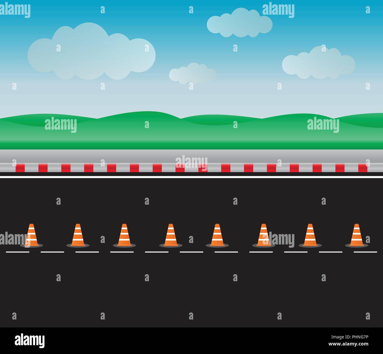 Set di cono del traffico su strada con lo sfondo del paesaggio Illustrazione Vettoriale