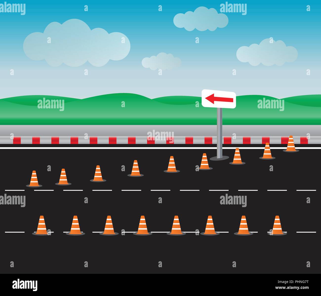 Set di cono del traffico su strada con lo sfondo del paesaggio Illustrazione Vettoriale