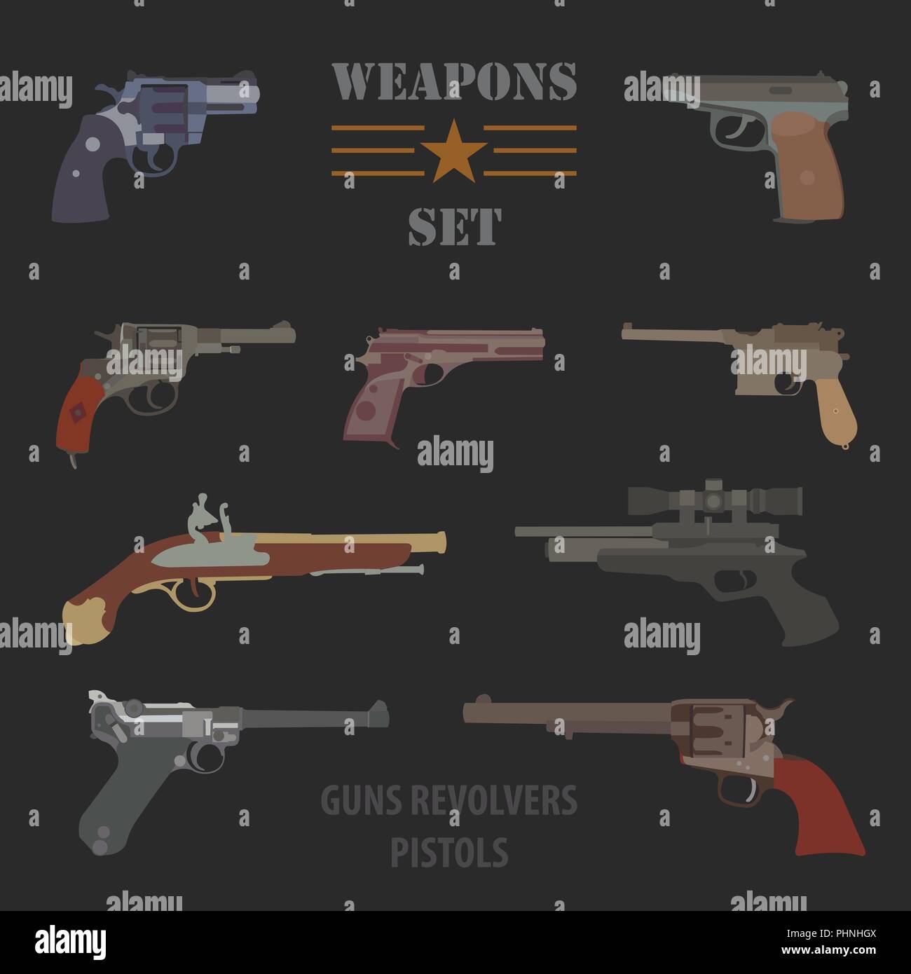 Set di arma da fuoco. Pistole, pistole, rivoltelle. Design piatto. Illustrazione Vettoriale Illustrazione Vettoriale