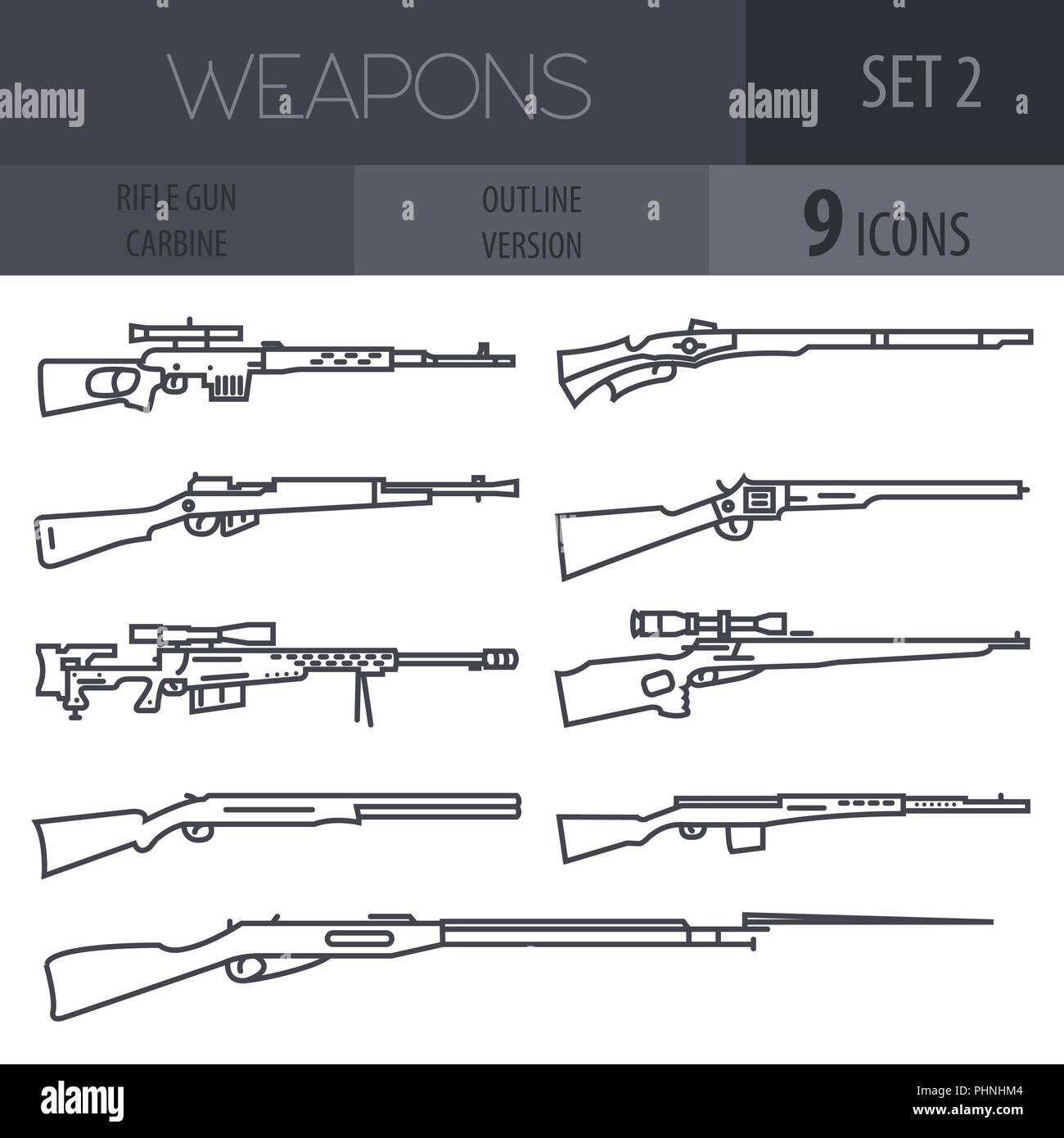 Set di arma da fuoco. Pistola, fucile, carabina. Design piatto. Schema versione lineare. Illustrazione Vettoriale Illustrazione Vettoriale