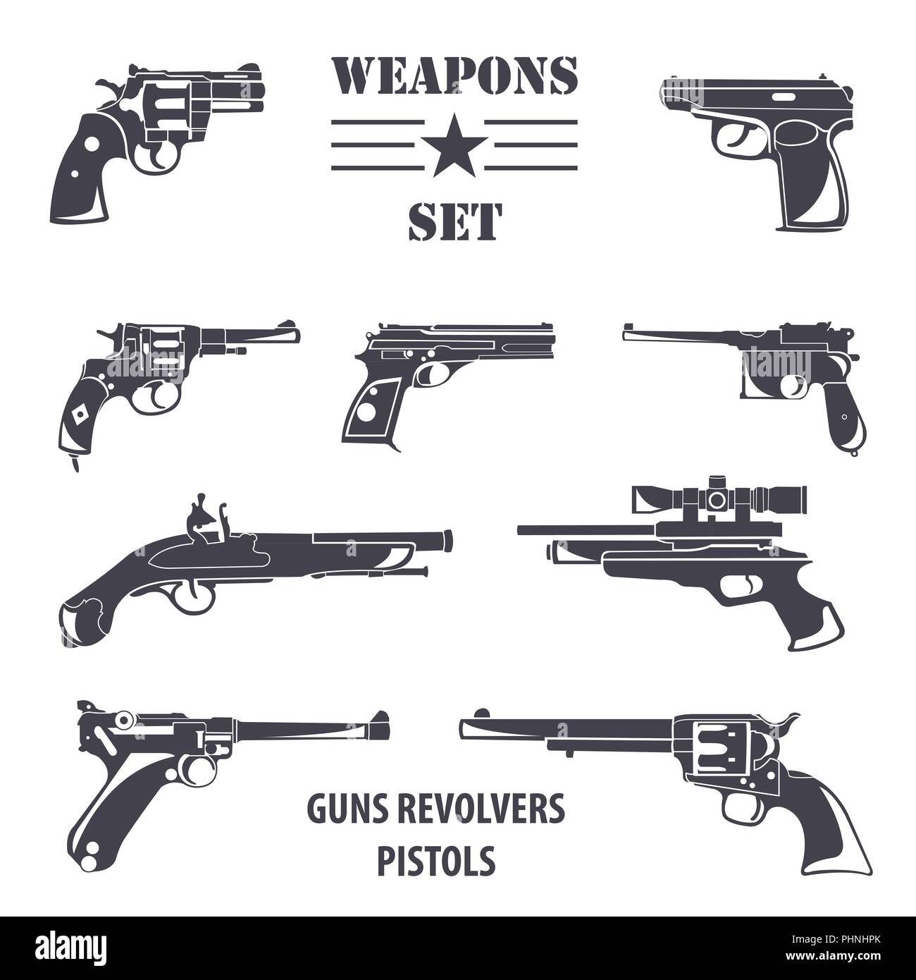 Set di arma da fuoco. Pistole, pistole, rivoltelle. Design piatto. Illustrazione Vettoriale Illustrazione Vettoriale