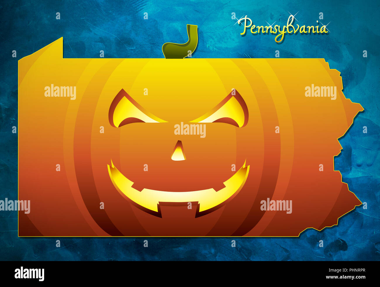 Stato della Pennsylvania Mappa USA con zucca di halloween illustrazione viso Foto Stock
