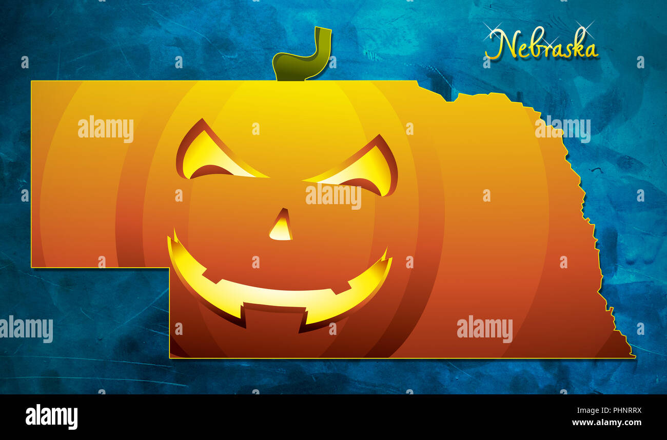 Il Nebraska mappa di stato USA con zucca di halloween illustrazione viso Foto Stock