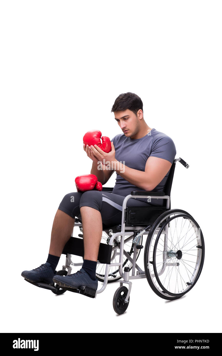 Boxer di riprendersi dal pregiudizio subito su una sedia a rotelle Foto Stock