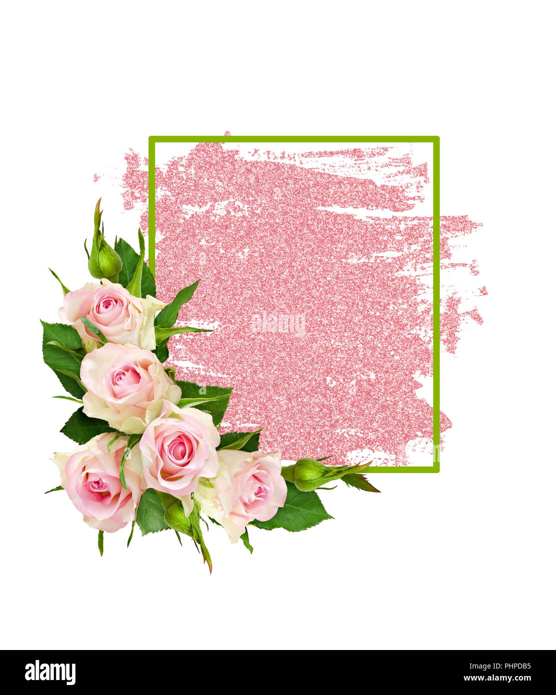 Rosa rosa fiori e una cornice di verde su glitter spazzolata isolati su  sfondo bianco Foto stock - Alamy