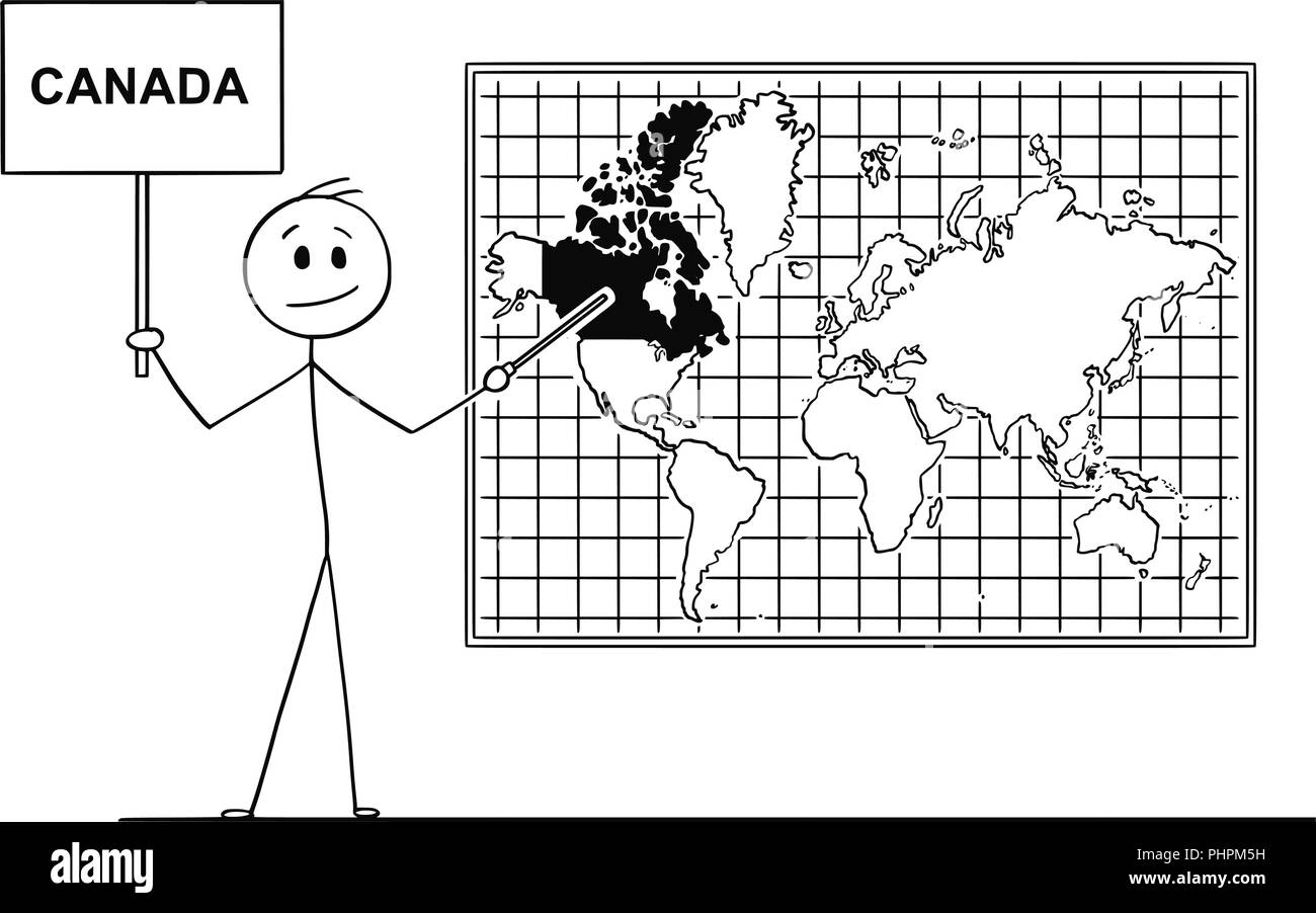 Cartoon di Man Holding firmano e puntando verso il Canada sulla parete mappa del mondo Illustrazione Vettoriale