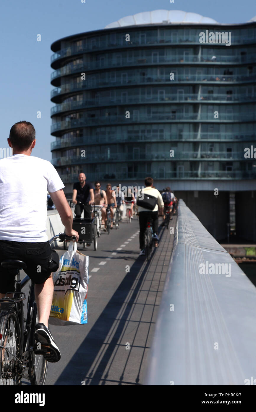 I ciclisti su un ecologico percorso ciclo in Copenhagen Foto Stock