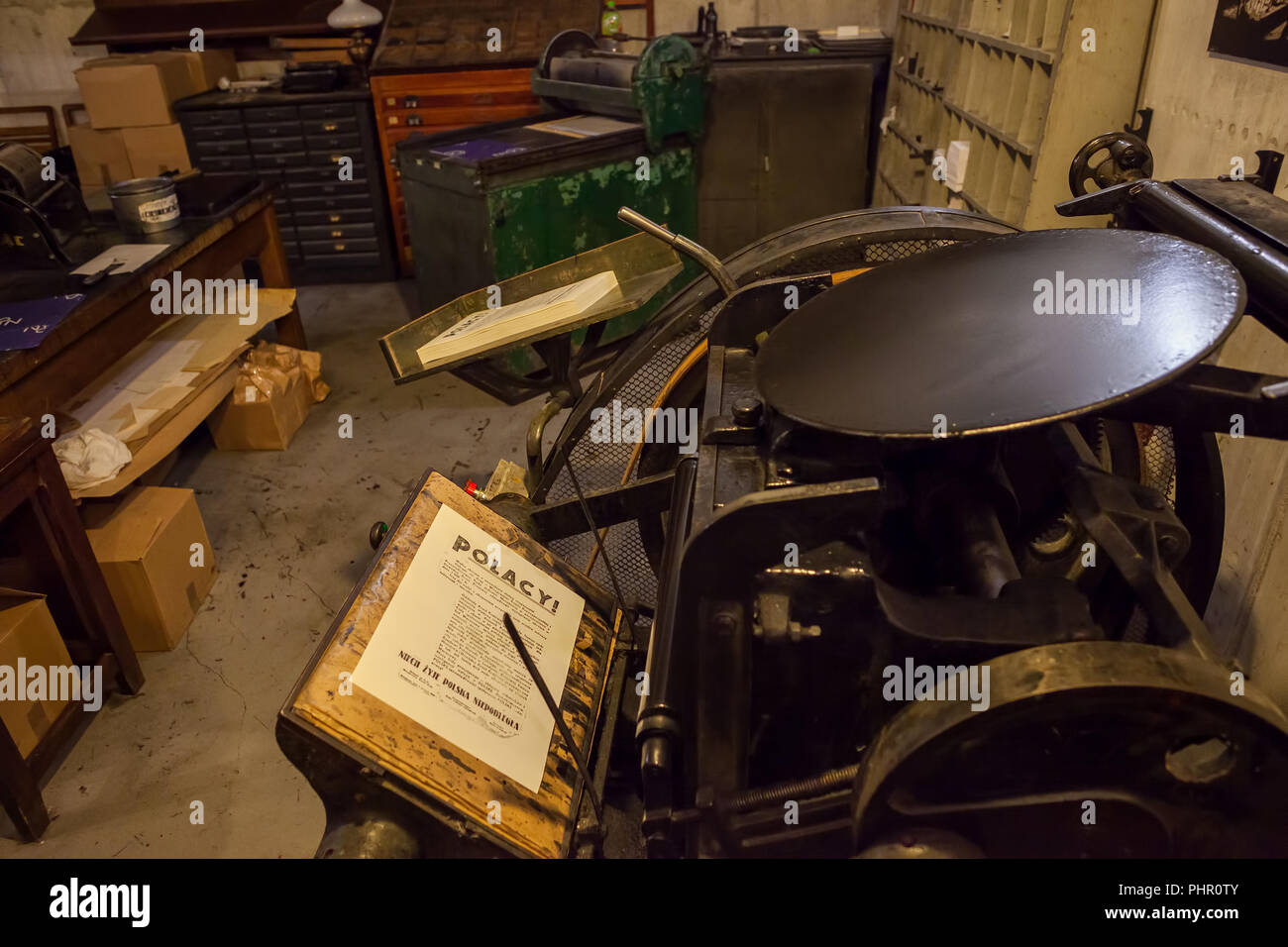 Print shop interno nella Insurrezione di Varsavia (Museo di Varsavia Museo Ascendente) a Varsavia, Polonia, polacco metropolitana premere printing house durante il tedesco occu Foto Stock