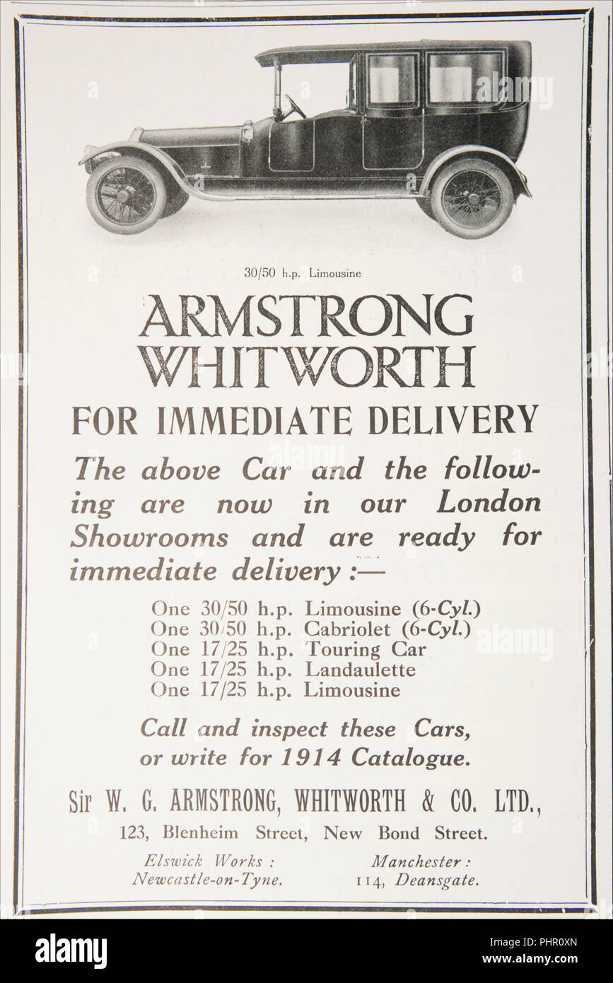 Un annuncio pubblicitario per Armstrong Whitworth autovetture provenienti da un vecchio magazzino dal periodo 1914-1918. Inghilterra REGNO UNITO GB Foto Stock