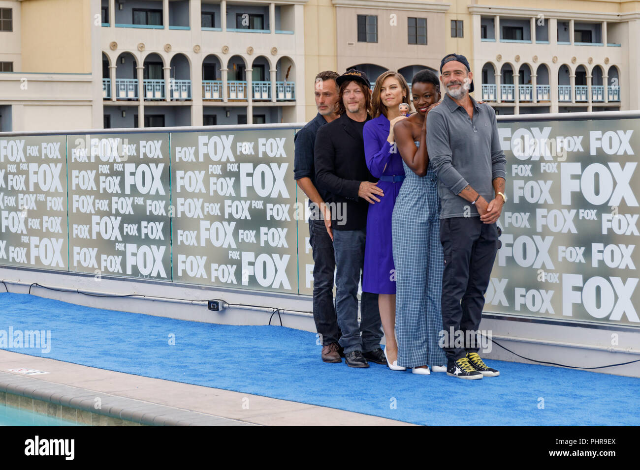Andrew Lincoln. Norman Reedus, Lauren Cohan, Danai Gurira, Jeffrey Dean alla conferenza stampa per il Walking Dead a San Diego Comic Con 2018 Foto Stock
