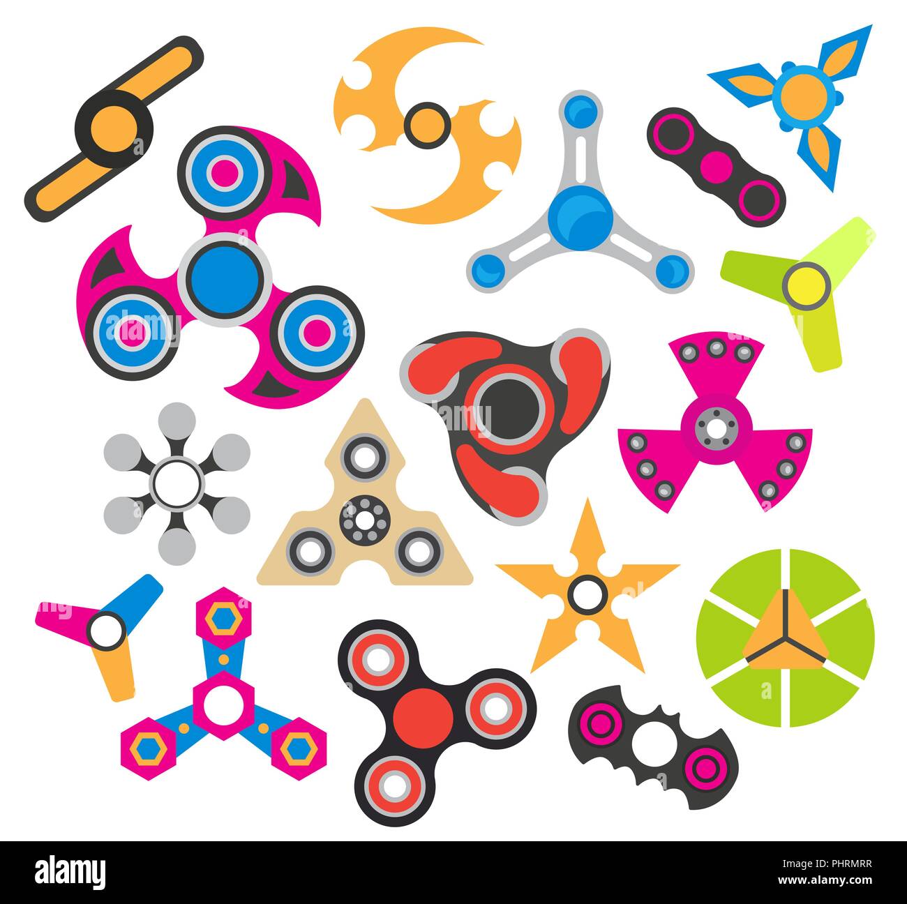 Mano spinner. Agitano: toy per aumentare la messa a fuoco, per alleviare lo stress. Imposta icona isolato su bianco. Illustrazione Vettoriale Illustrazione Vettoriale