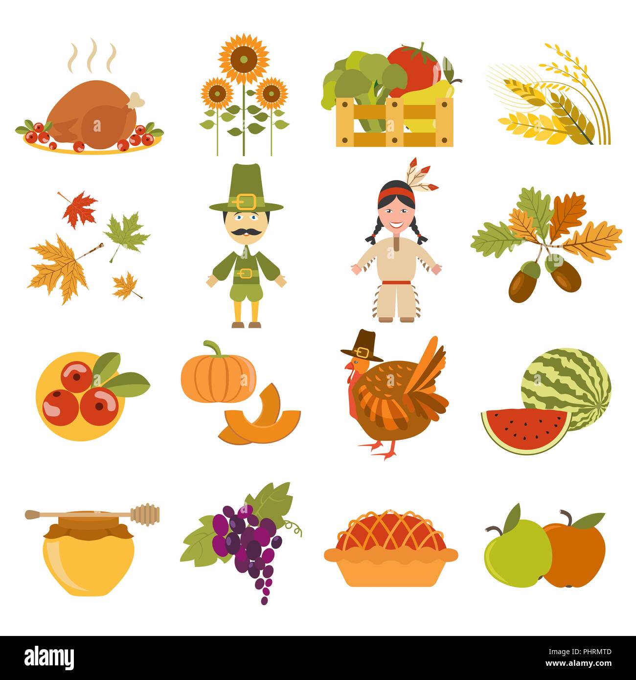 La Giornata del ringraziamento icon set. In stile appartamento. Illustrazione Vettoriale Illustrazione Vettoriale