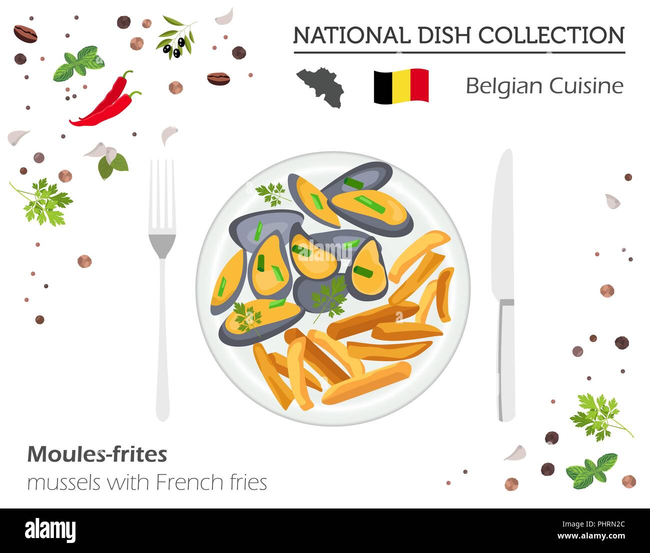 Cucina belga. Europeo piatto nazionale di raccolta. Cozze con patatine fritte isolato su bianco Una infografica. Illustrazione Vettoriale Illustrazione Vettoriale