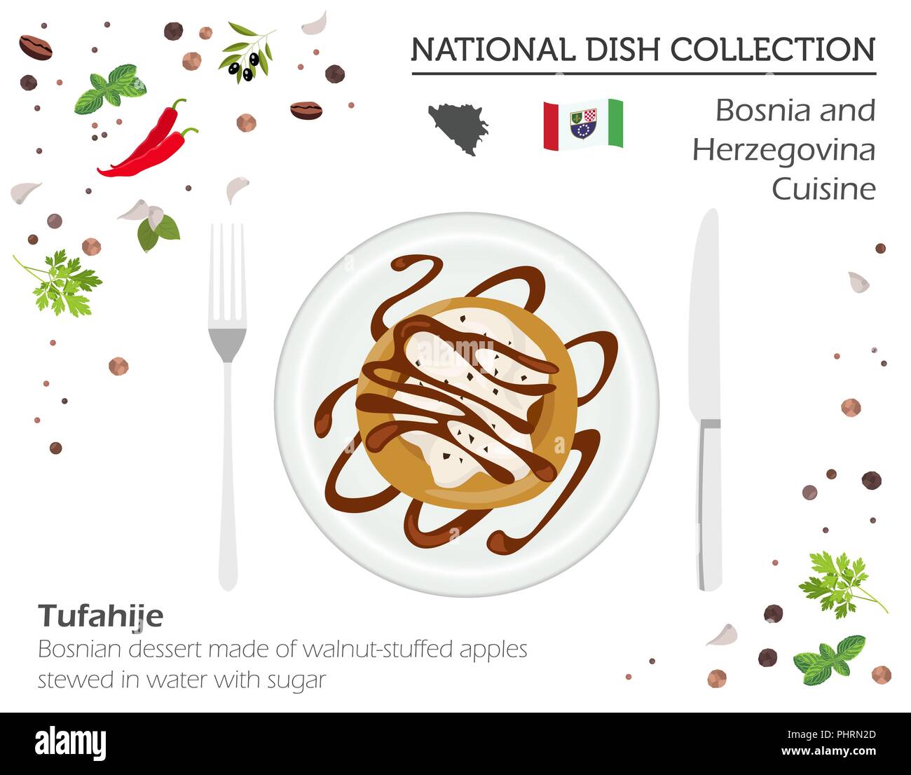 La Bosnia e Erzegovina cucina. Europeo piatto nazionale di raccolta. Noce bosniaco-mele ripiene dessert isolato su bianco, infograpic. Illustr vettore Illustrazione Vettoriale