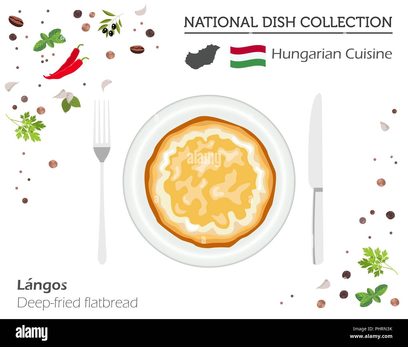 Cucina ungherese. Europeo piatto nazionale di raccolta. Fritte flatbread isolato su bianco, una infografica. Illustrazione Vettoriale Illustrazione Vettoriale