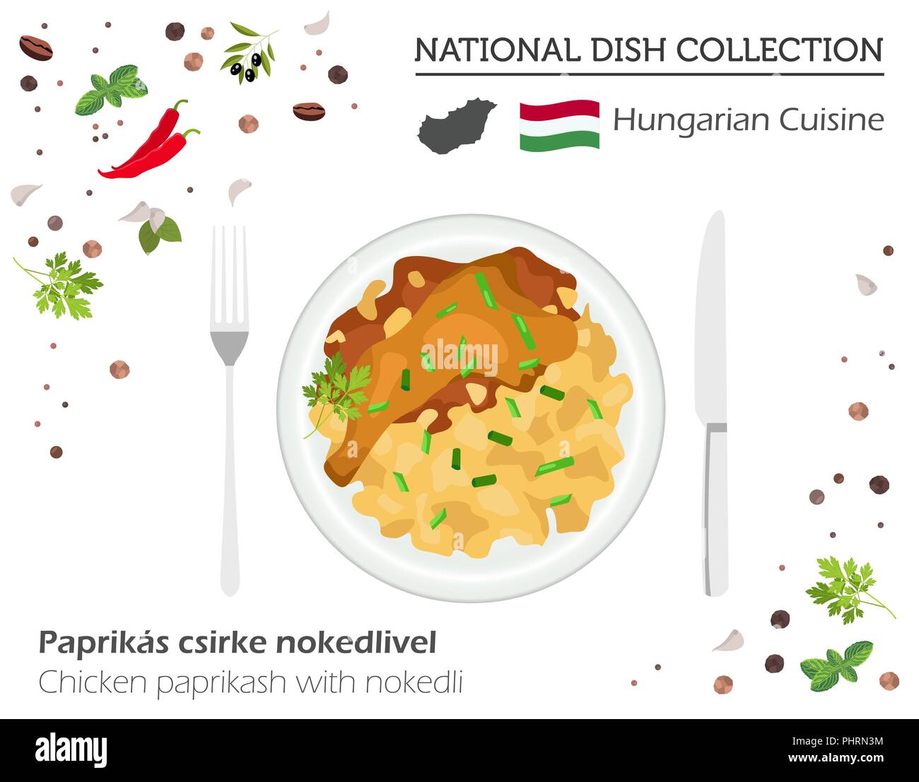 Cucina ungherese. Europeo piatto nazionale di raccolta. Pollo paprikash con nikedli isolato su bianco, una infografica. Illustrazione Vettoriale Illustrazione Vettoriale