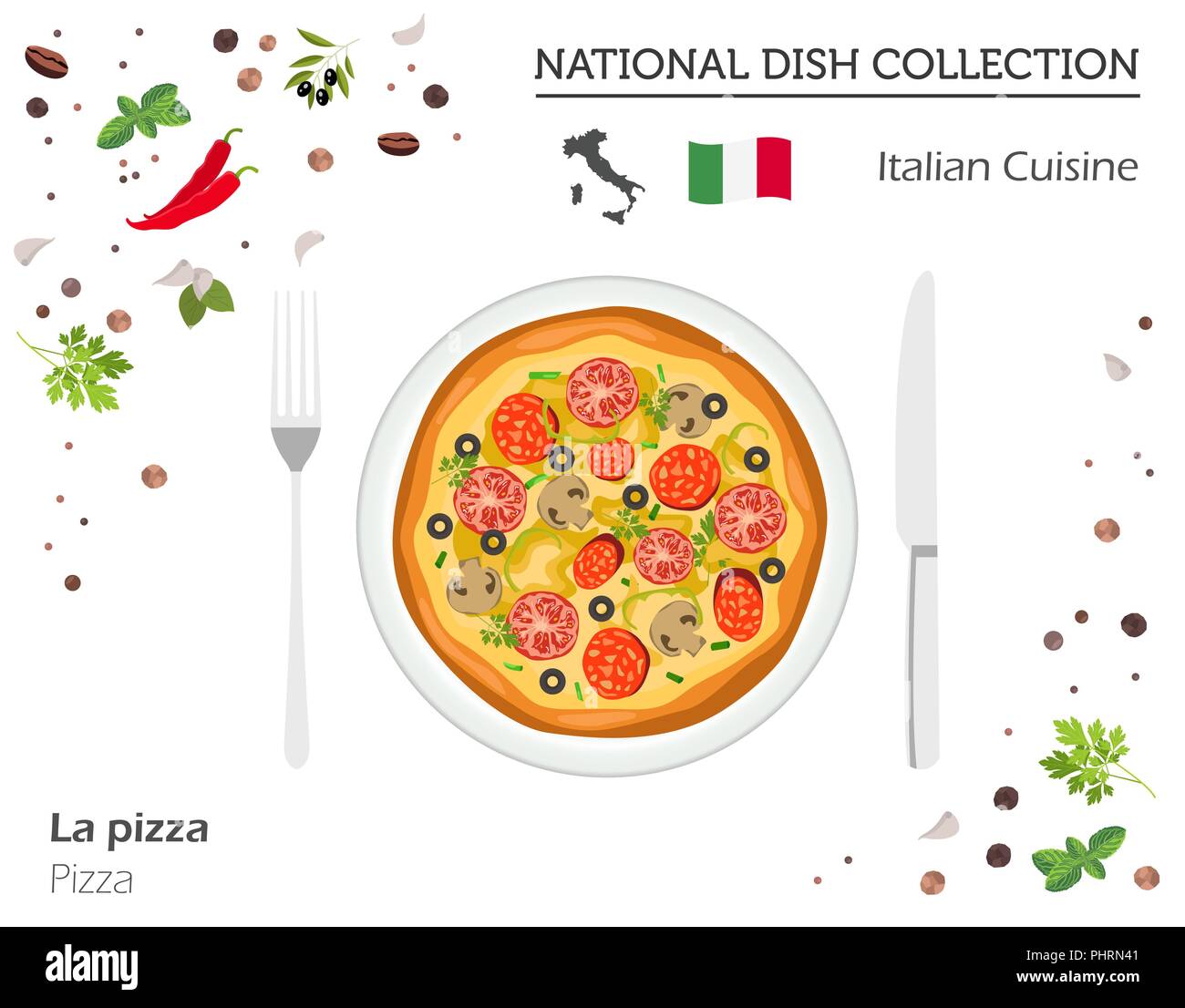 Cucina Italiana. Europeo piatto nazionale di raccolta. Pizza isolato su bianco, una infografica. Illustrazione Vettoriale Illustrazione Vettoriale
