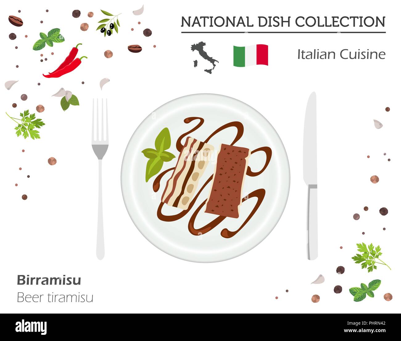 Cucina Italiana. Europeo piatto nazionale di raccolta. La birra tiramisù isolato su bianco, una infografica. Illustrazione Vettoriale Illustrazione Vettoriale