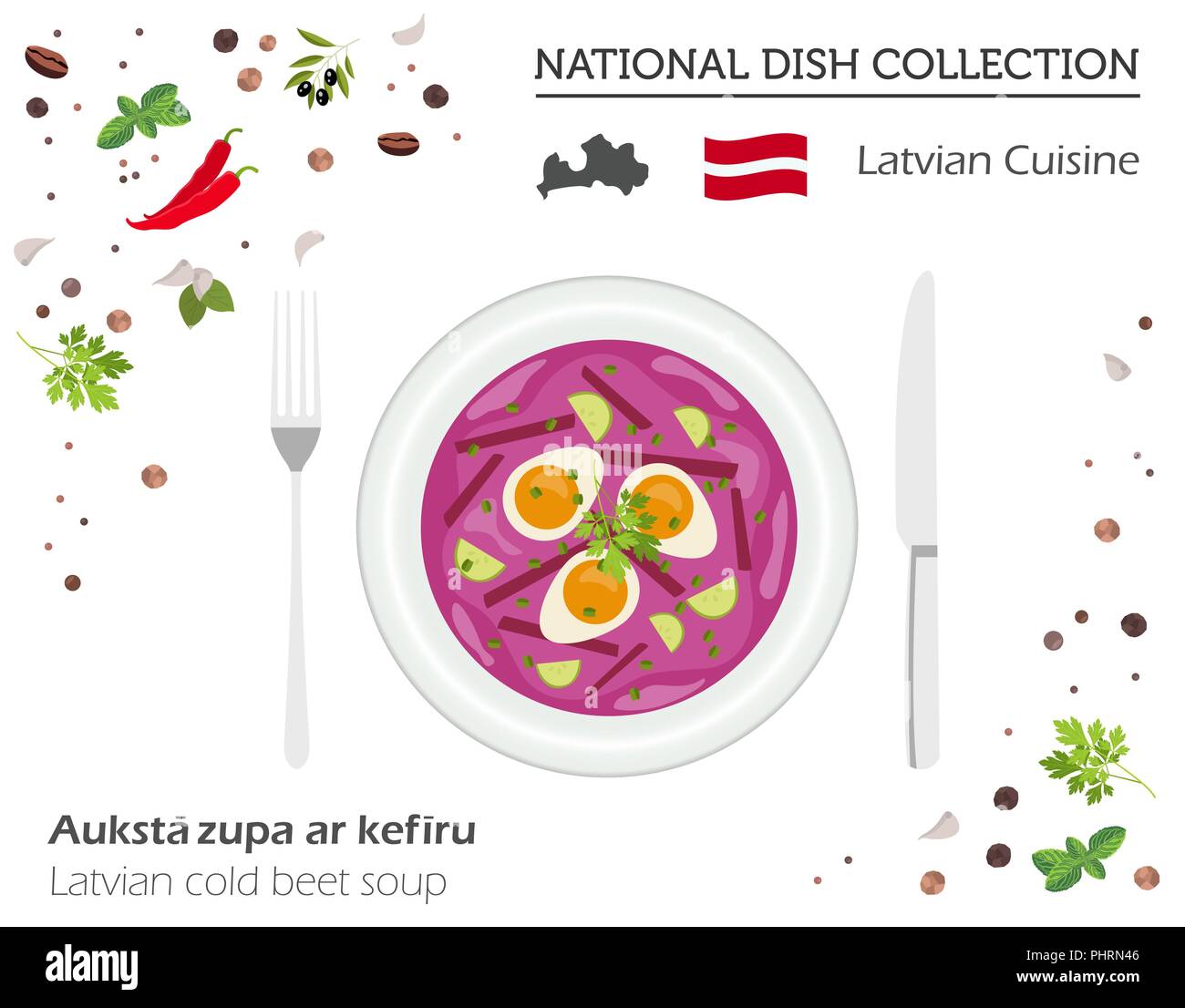 La lettonia cucina. Europeo piatto nazionale di raccolta. Il lettone freddo zuppa di barbabietole isolato su bianco, una infografica. Illustrazione Vettoriale Illustrazione Vettoriale