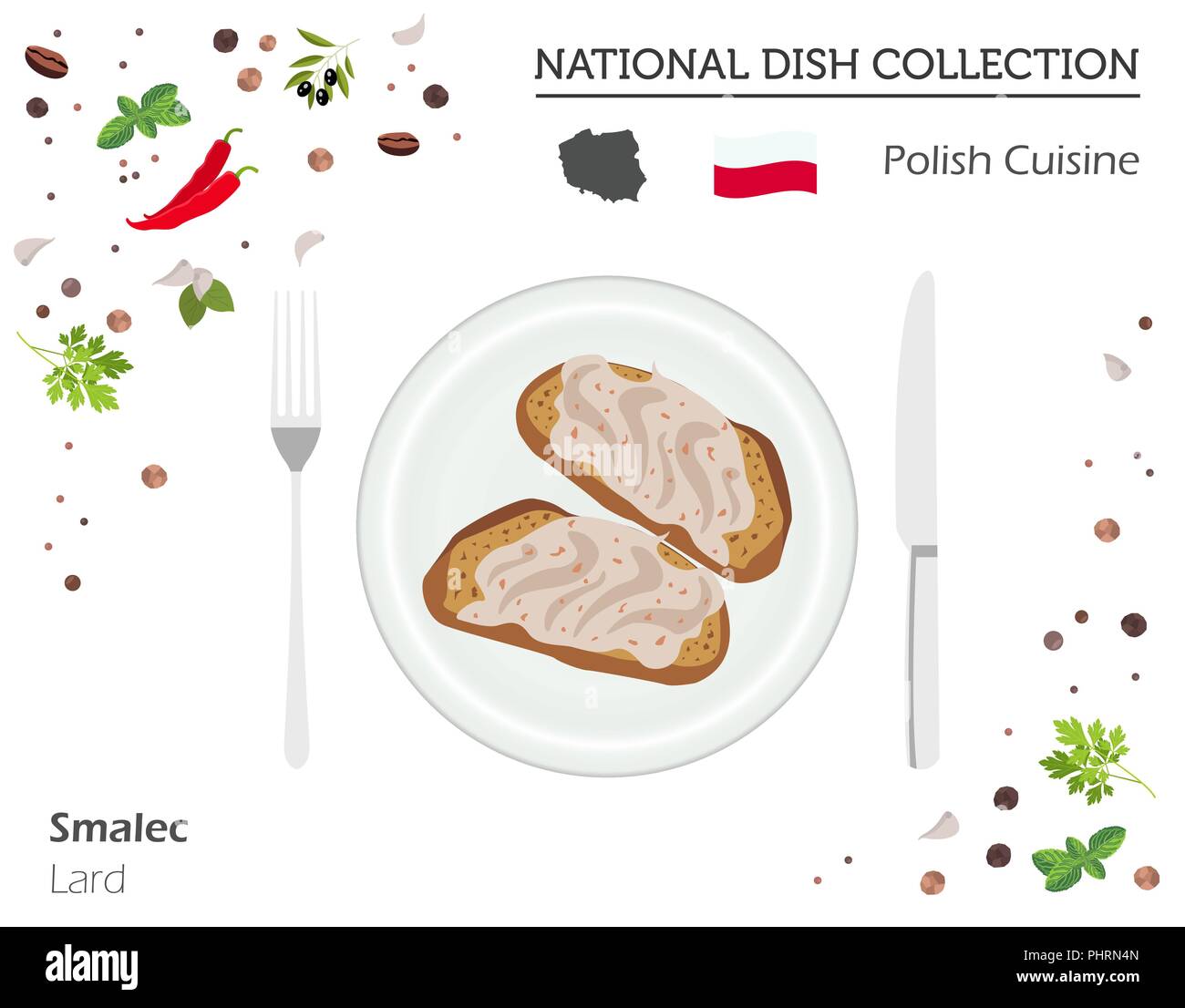 Cucina polacca. Europeo piatto nazionale di raccolta. Lo strutto isolato su bianco, una infografica. Illustrazione Vettoriale Illustrazione Vettoriale