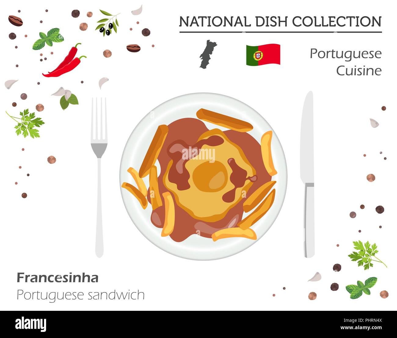 Cucina portoghese. Europeo piatto nazionale di raccolta. Sandwich portoghese isolato su bianco, una infografica. Illustrazione Vettoriale Illustrazione Vettoriale