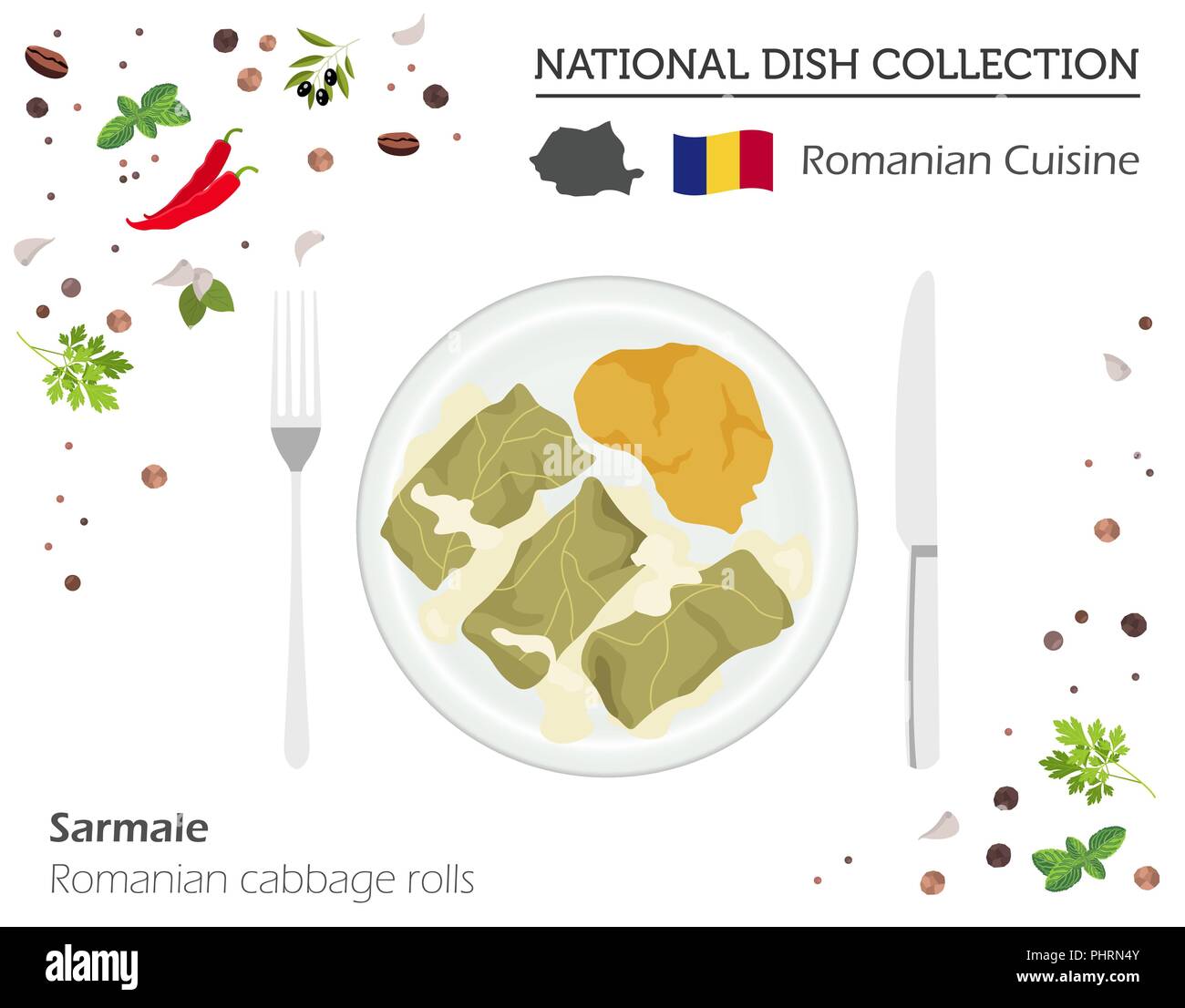 Cucina Rumena. Europeo piatto nazionale di raccolta. Involtini di cavolo isolato su bianco, una infografica. Illustrazione Vettoriale Illustrazione Vettoriale