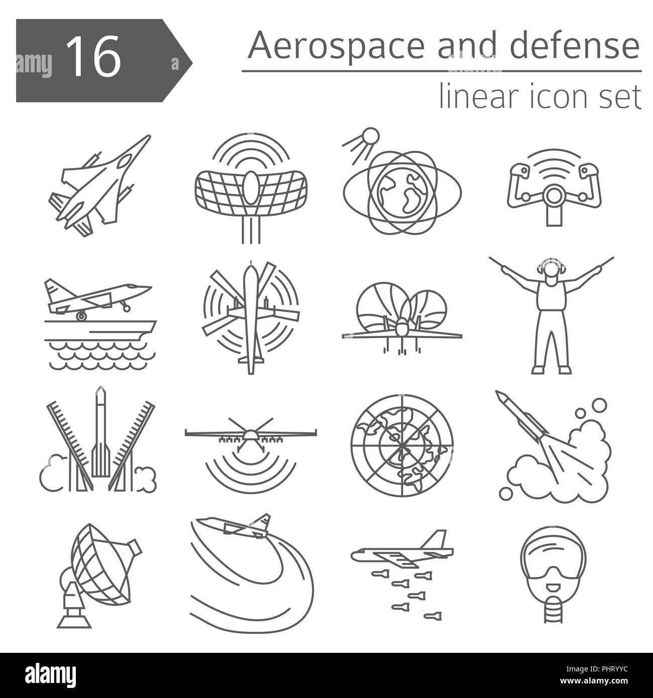 Settore aerospaziale e difesa, aerei militari icon set. Linea sottile design per creare infographics. Illustrazione Vettoriale Illustrazione Vettoriale