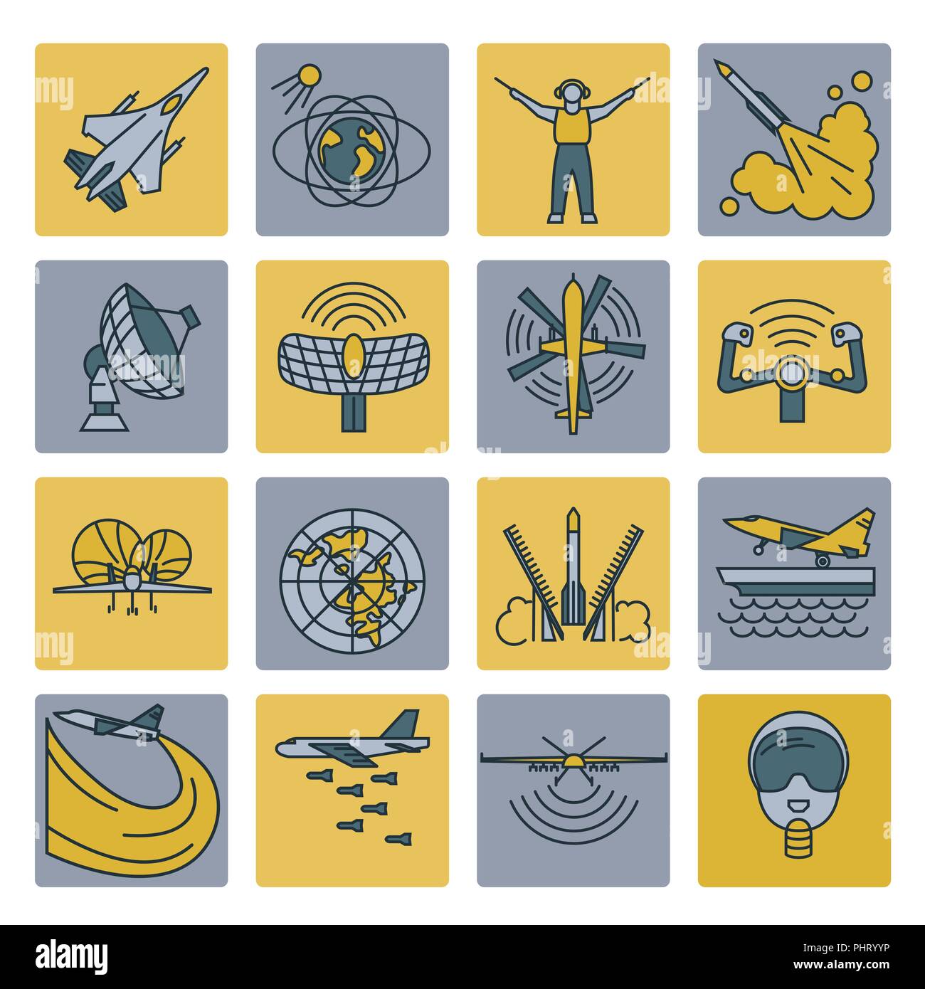 Settore aerospaziale e difesa, aerei militari icon set. Linea sottile design per creare infographics. Illustrazione Vettoriale Illustrazione Vettoriale