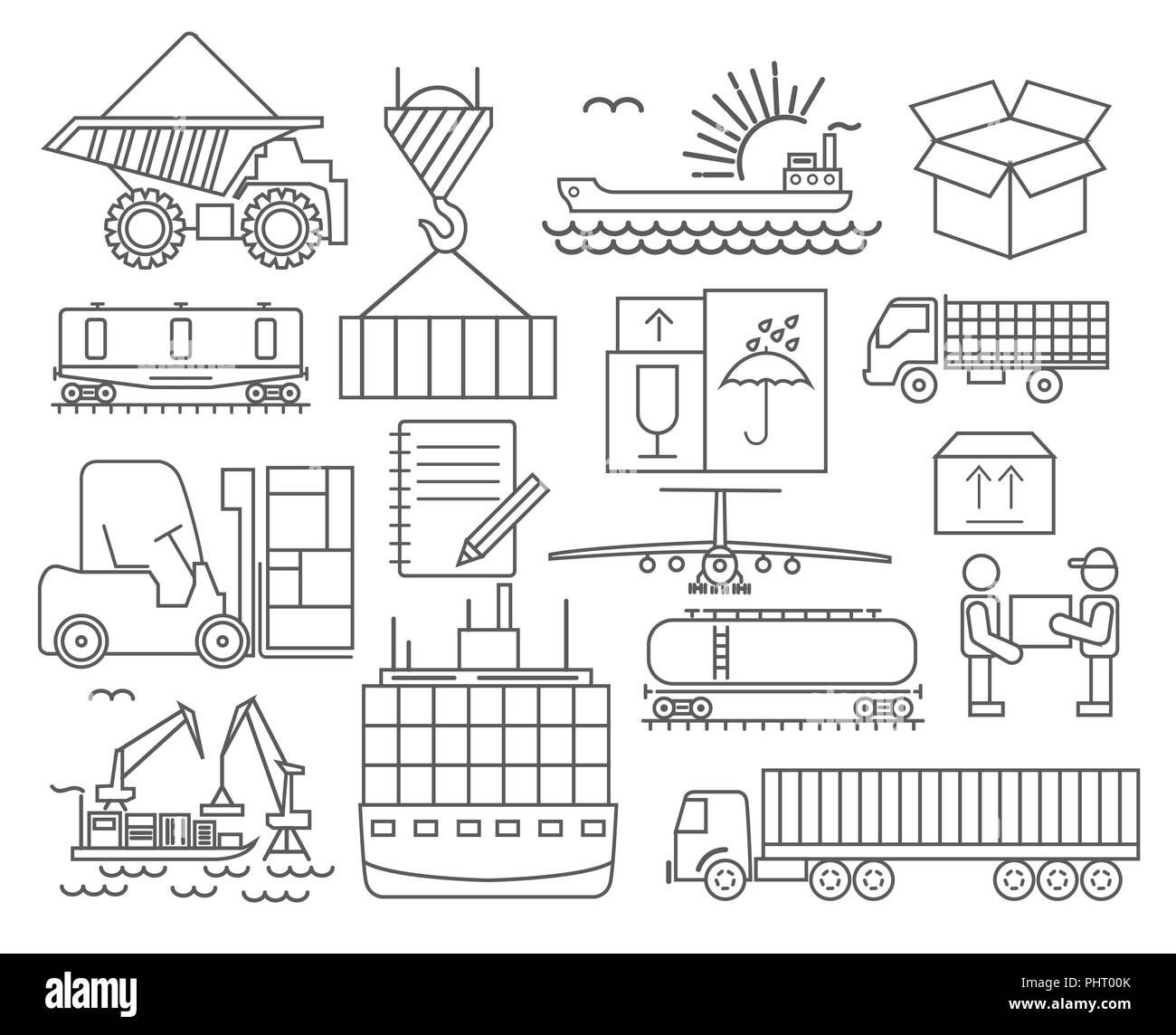 Cargo consegna spedizione icon set. Linea sottile design. Illustrazione Vettoriale Illustrazione Vettoriale