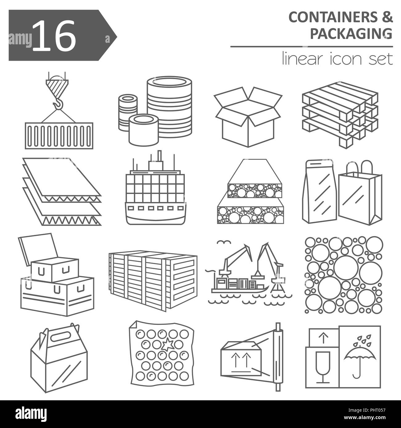 Contenitori e imballaggi icon set. Linea sottile design isolato su bianco. Crea il tuo infographics industriale raccolta. Illustrazione Vettoriale Illustrazione Vettoriale