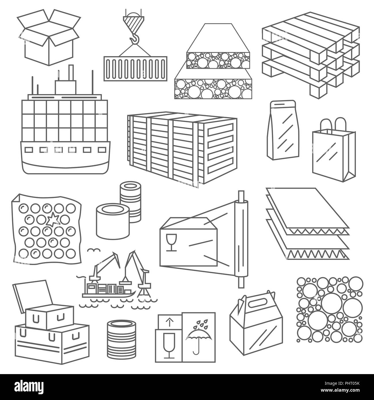 Contenitori e imballaggi icon set. Linea sottile design isolato su bianco. Crea il tuo infographics industriale raccolta. Illustrazione Vettoriale Illustrazione Vettoriale