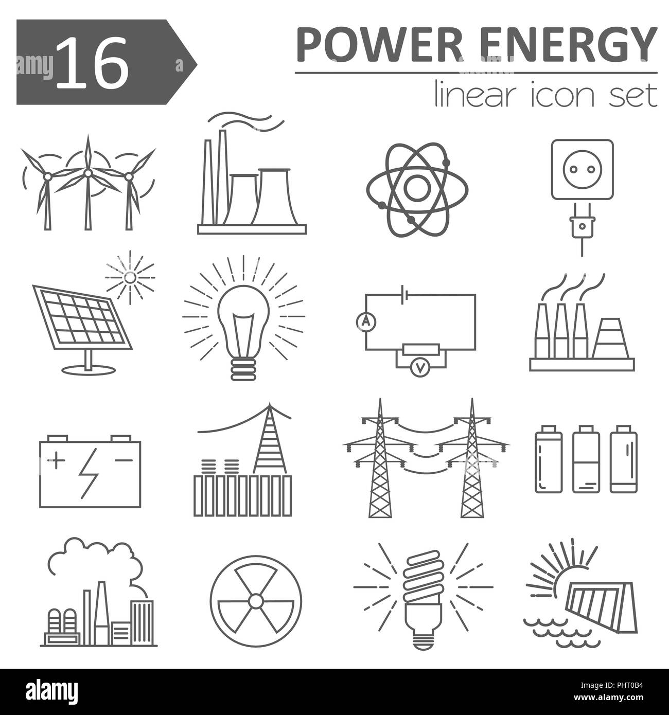 Power energy icon set. Linea sottile design. Illustrazione Vettoriale Illustrazione Vettoriale