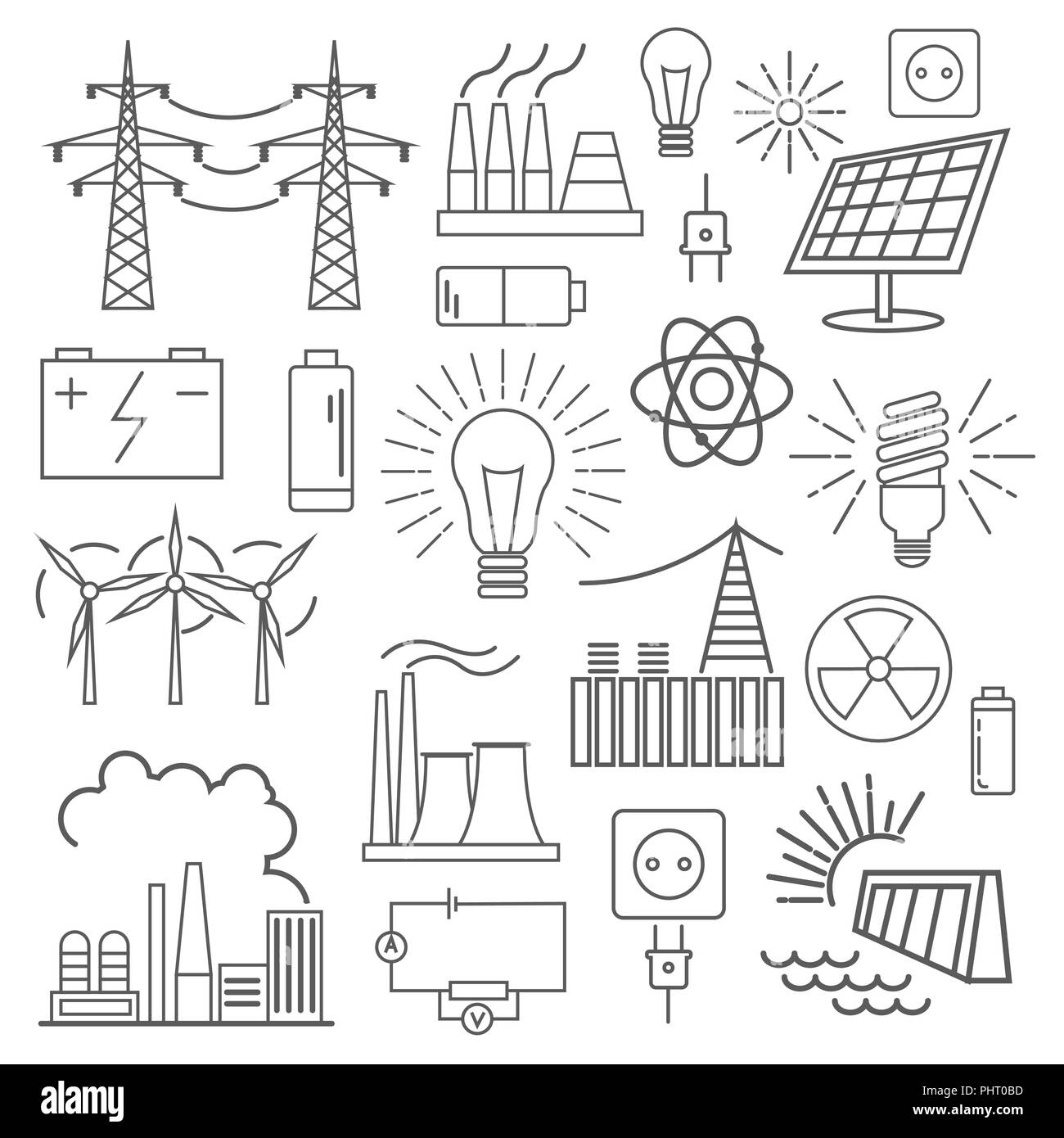 Power energy icon set. Linea sottile design. Illustrazione Vettoriale Illustrazione Vettoriale