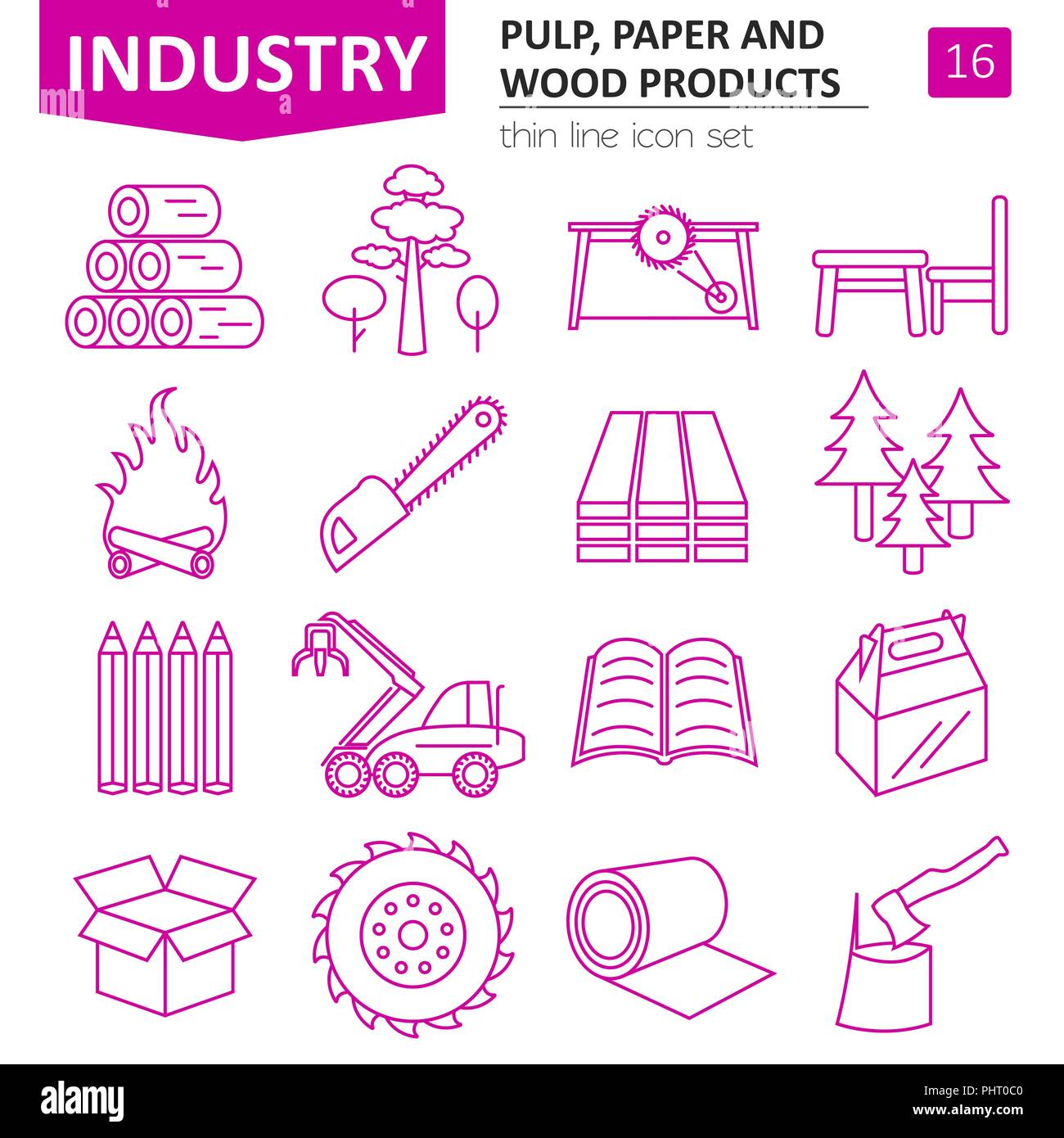 Pasta da carta, carta e prodotti di legno icona set. Linea sottile design isolato su bianco. Crea il tuo infographics industriale raccolta. Illustrazione Vettoriale Illustrazione Vettoriale