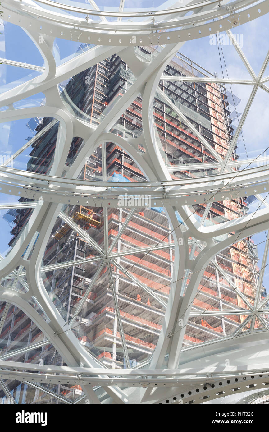 Seattle, Washington: Vista della Torre di Amazon III in costruzione da atrium delle sfere su Amazon campus metropolitano. Il 37-ufficio di storia edificio i Foto Stock