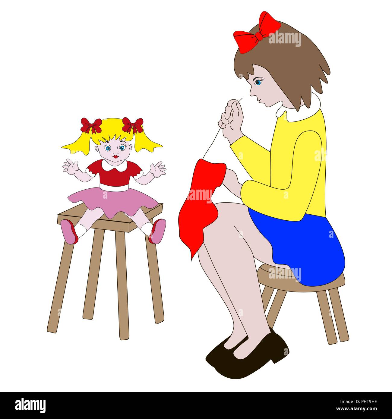 Una bambina cuce i vestiti per la bambola isolato sullo sfondo bianco. Illustrazione Vettoriale